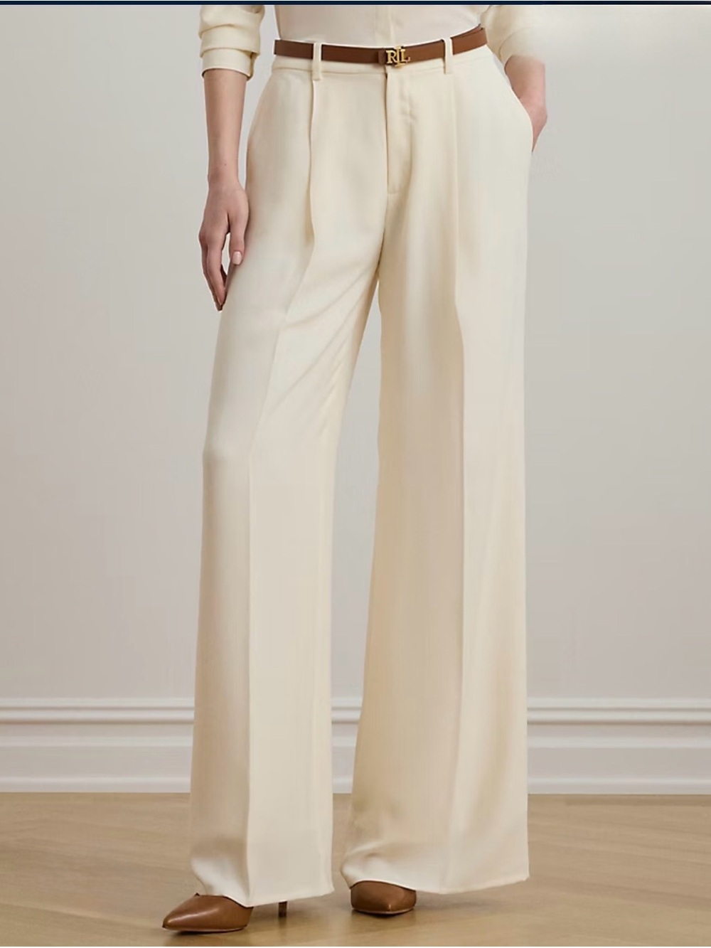 NWT Lauren Ralph Lauren Double-Faced Georgette Wide-Leg Pant Ivory - Picture 2 of 9